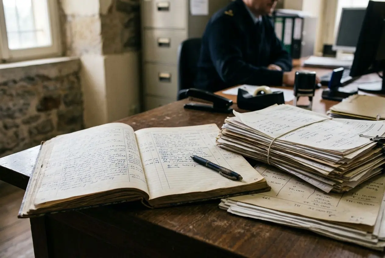 Documentos y cuadernos abiertos sobre una mesa de oficina, con pilas de papel, bolígrafo y fondo de escritorio. Relación con delitos y leyes.