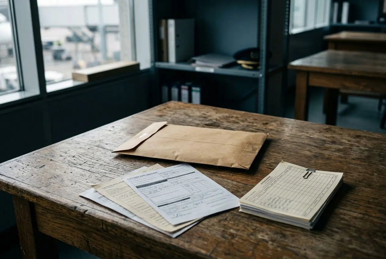 Documentos sobre un escritorio de madera en una oficina, relacionados con un delito de contrabando pena y trámites legales.