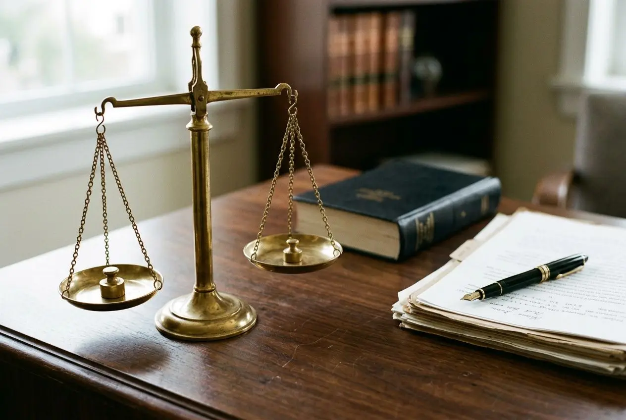 Balanza de la justicia dorada sobre mesa de madera, con libros y documentos legales al fondo, representando abogados especialistas en delitos económicos
