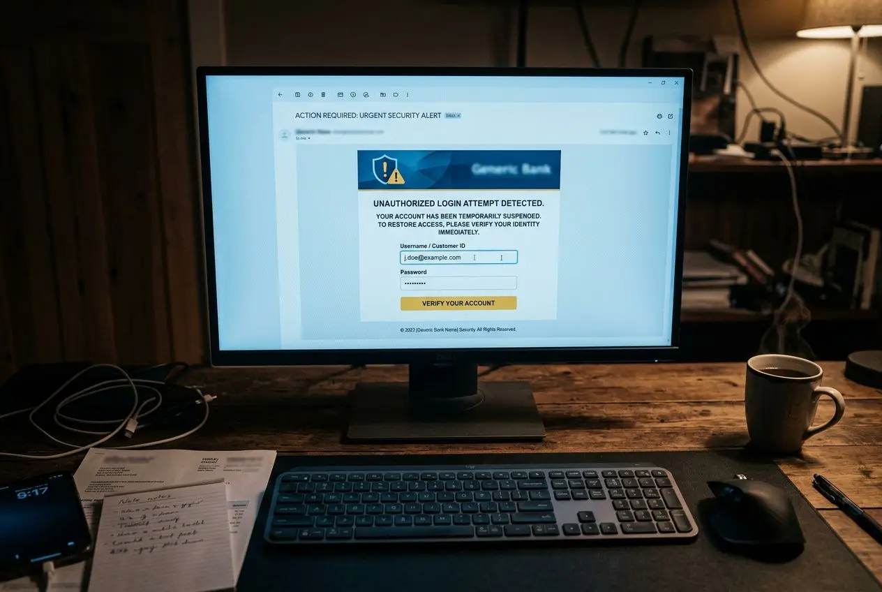 Alerta de phishing en pantalla de computadora: usuario intentando verificar identidad tras intento de acceso no autorizado. Abogados especialistas en phishing pueden ayudar a reclamar el dinero perdido.