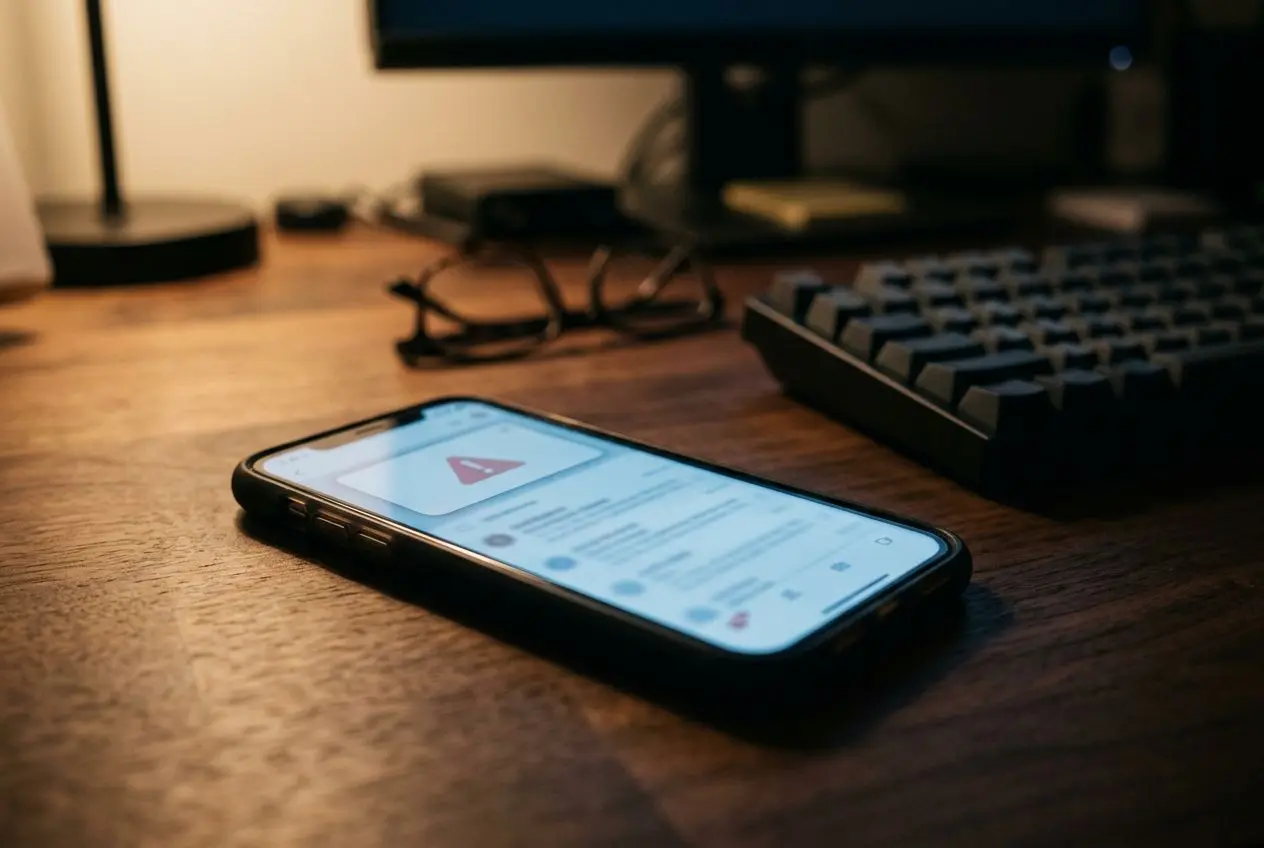 Teléfono móvil con alerta de phishing en una mesa de escritorio, acompañado de gafas y teclado en segundo plano. Abogados especialistas en phishing.