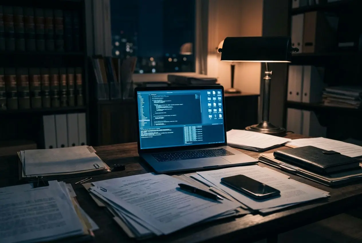 Mesa de oficina con portátil encendido, documentos y bolígrafos; ambiente nocturno y lámpara. abogado ciberdelincuencia en una defensa especializada.