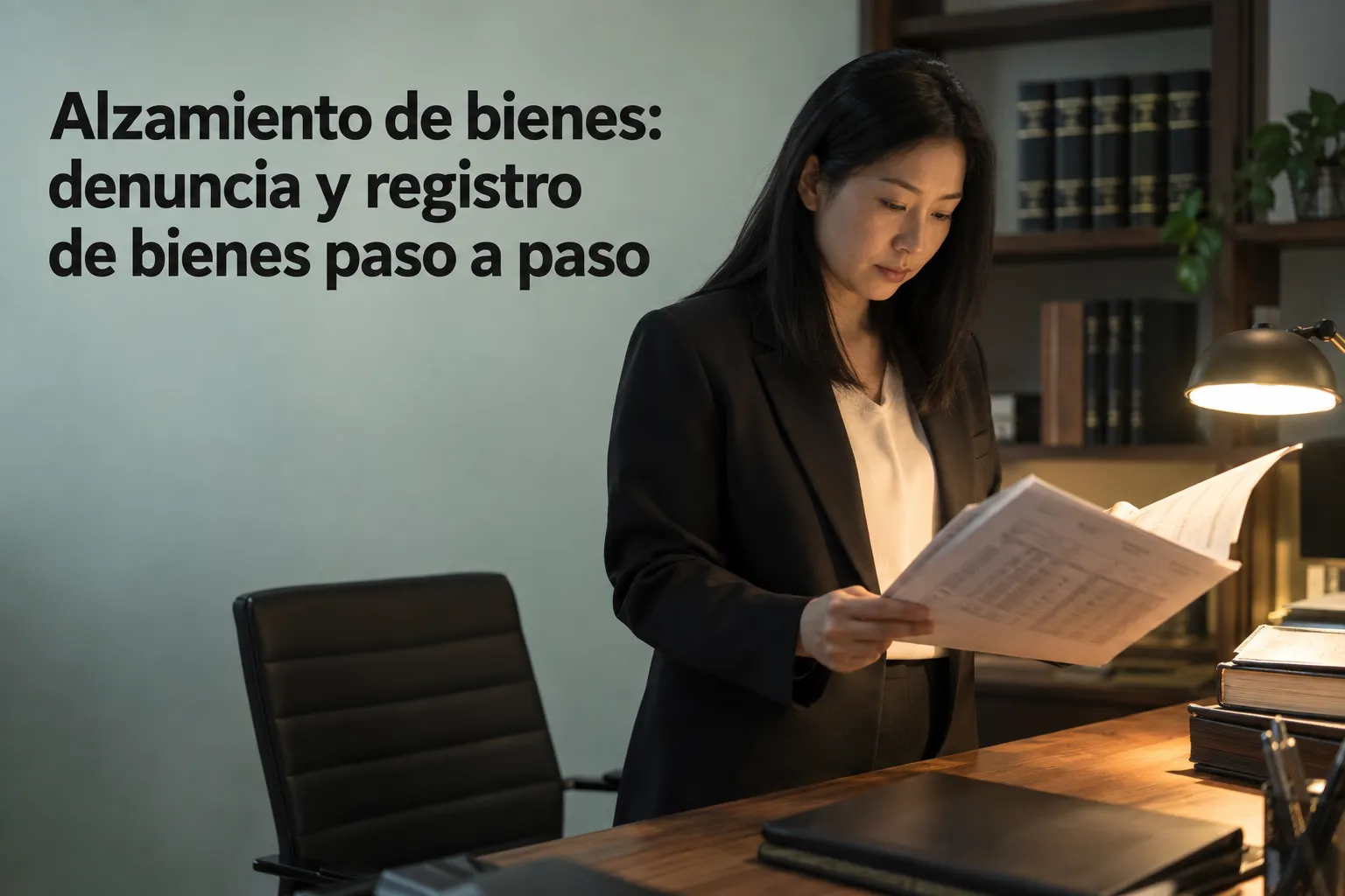 Abogada leyendo documentos en una oficina, junto a una mesa y estantería; título “Alzamiento de bienes: denuncia y registro de bienes paso a paso” en la esquina izquierda. Integrar alzamiento de bienes denuncia naturalmente.