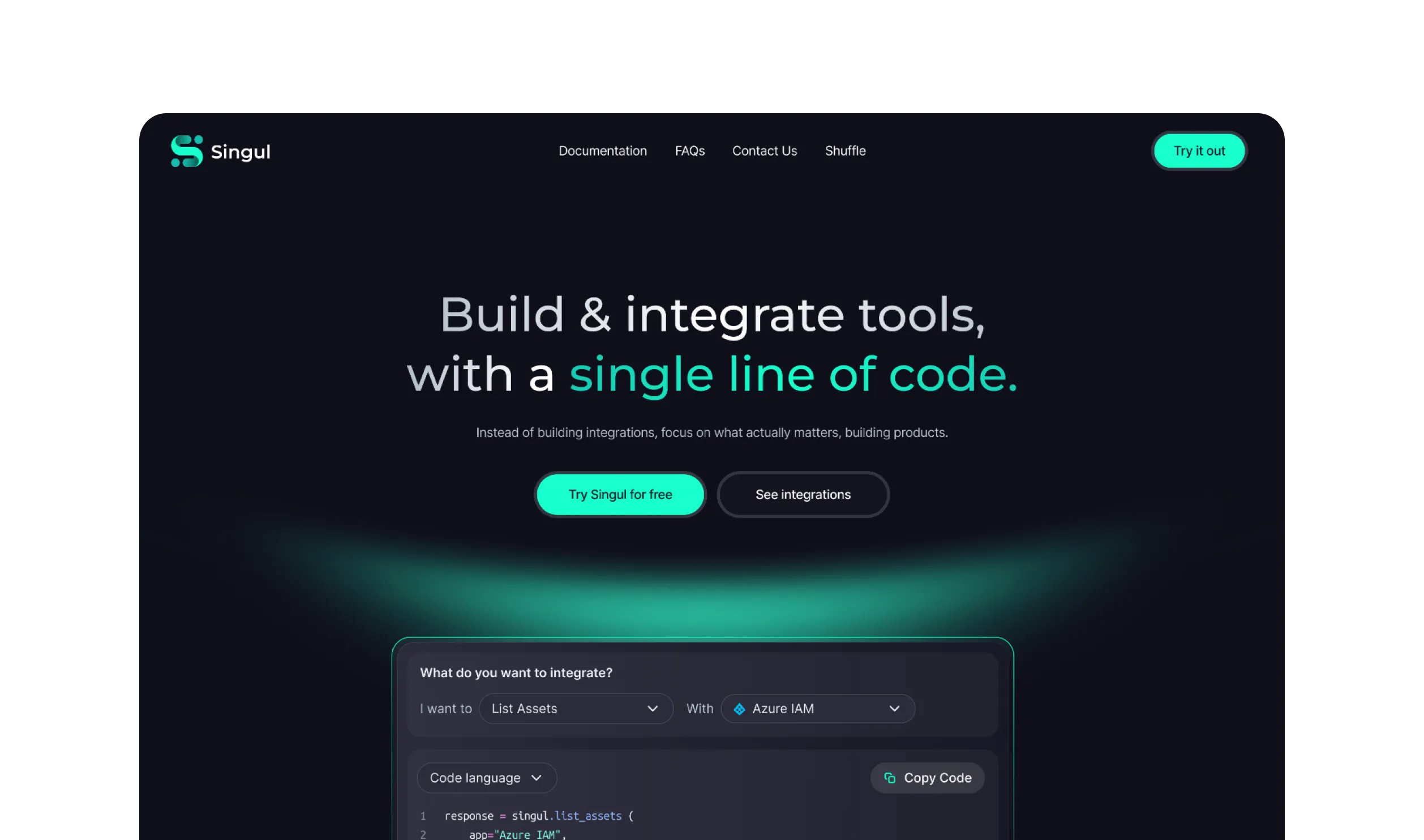 Landing page for Singul, showing the hero section.