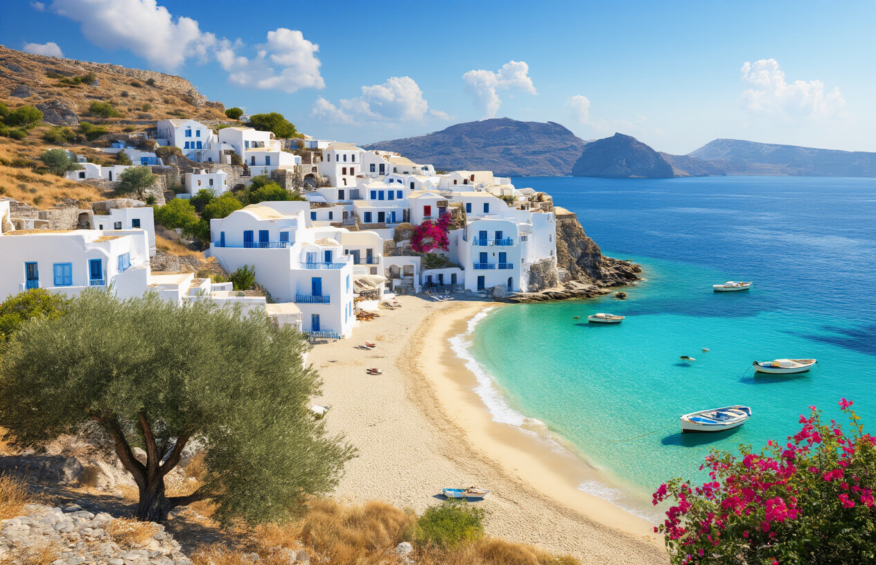 Create a realistic image of a serene Greek coastal scene showcasing a perfect family destination with traditional white-washed houses with blue shutters perched on a hillside overlooking a crystal-clear turquoise bay, a peaceful sandy beach below with gentle waves lapping the shore, scattered Greek islands visible in the distance under a bright Mediterranean sky, olive trees and bougainvillea adding natural beauty to the foreground, small fishing boats anchored in the calm harbor, and warm golden sunlight creating a tranquil and inviting atmosphere that embodies the essence of relaxed Greek coastal living. Absolutely NO text should be in the scene.