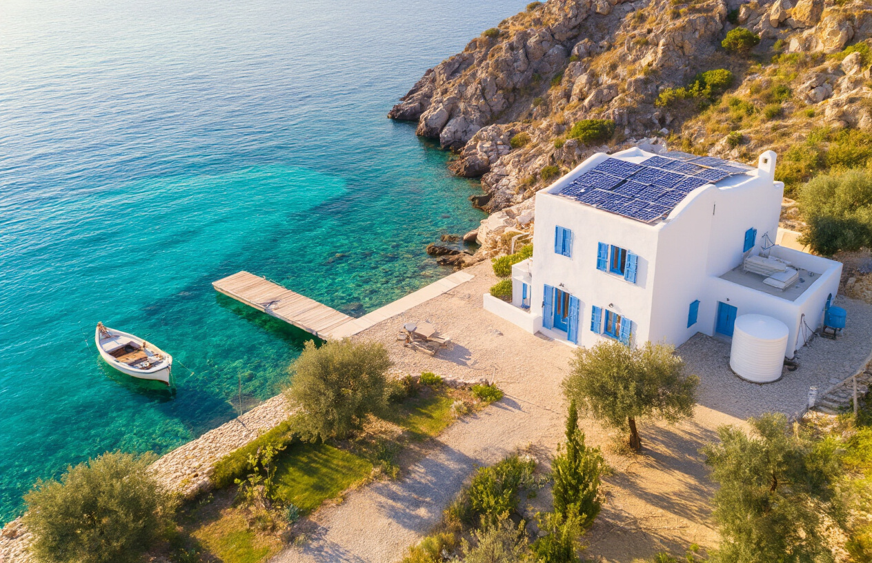 Create a realistic image of a scenic Greek coastal property showing practical living elements including a white Mediterranean-style house with blue shutters overlooking the Aegean Sea, a small boat moored at a private dock, solar panels on the roof, a water storage tank, satellite dish, and well-maintained garden with olive trees, featuring rocky coastline with crystal-clear turquoise water, during golden hour lighting that emphasizes the peaceful residential atmosphere, absolutely NO text should be in the scene.