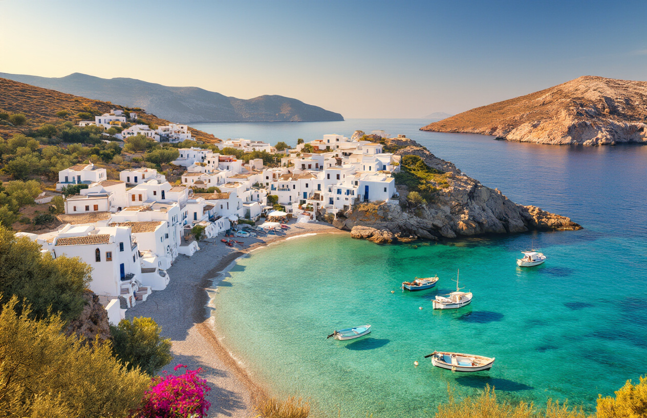 Create a realistic image of a serene, lesser-known Greek coastal village with traditional white-washed houses cascading down hillsides toward a pristine turquoise bay, featuring a small pebble beach with crystal-clear shallow waters perfect for families, a few traditional fishing boats moored peacefully in the harbor, lush Mediterranean vegetation including olive trees and bougainvillea, dramatic rocky cliffs framing the secluded cove, warm golden hour lighting creating a tranquil atmosphere, with the Aegean Sea stretching endlessly toward the horizon, absolutely NO text should be in the scene.