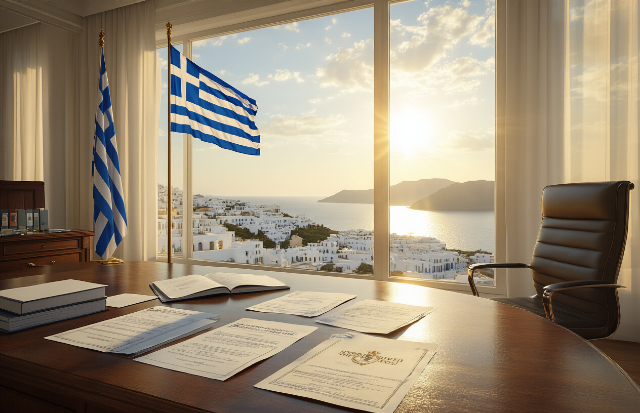 Create a realistic image of a modern Greek government office interior with official documents and investment certificates spread across a polished wooden desk, featuring the Greek flag prominently displayed in the background, golden sunlight streaming through large windows overlooking a distant coastal view of white Greek buildings and blue Mediterranean sea, with a professional atmosphere suggesting financial benefits and governmental support, warm natural lighting creating an inviting and trustworthy environment, absolutely NO text should be in the scene.