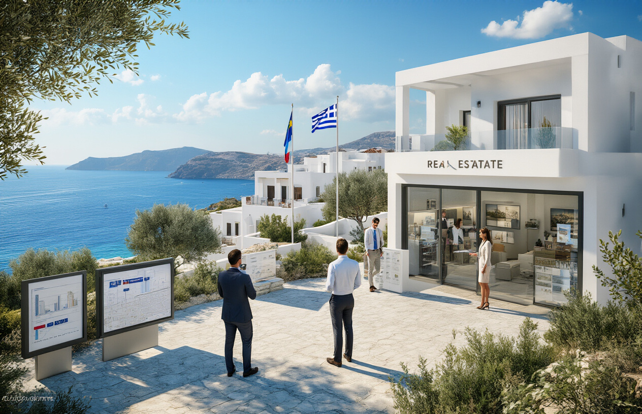 Create a realistic image of a modern Greek coastal real estate development with luxury white villas and apartments overlooking the azure Mediterranean Sea, featuring a prominent real estate sales office with large windows displaying property listings, international flags including EU and various country flags on poles indicating foreign investment, well-dressed white male and female real estate agents in business attire discussing with potential buyers near a detailed site map, upward trending arrow graphics and investment charts visible on outdoor presentation boards, sunny Mediterranean lighting with clear blue skies, lush landscaping with olive trees and Mediterranean vegetation, and a sense of prosperity and growth in the scene, absolutely NO text should be in the scene.