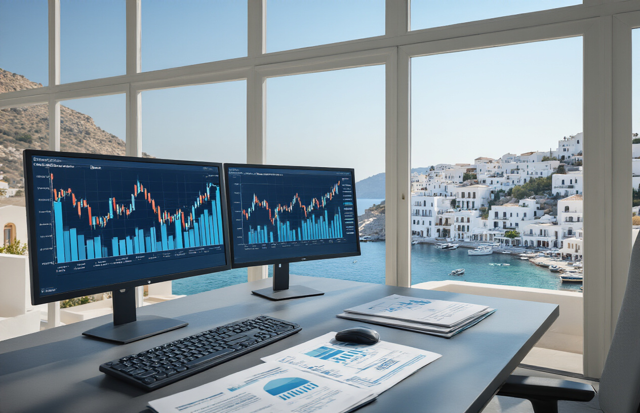 Create a realistic image of a modern financial analysis scene with upward trending graphs and charts displayed on computer screens showing real estate market data, with Greek coastal properties visible through large windows in the background featuring white Mediterranean buildings along blue waters, professional business documents and reports scattered on a sleek desk, warm natural lighting streaming through the windows creating an optimistic atmosphere of growth and investment opportunity, absolutely NO text should be in the scene.