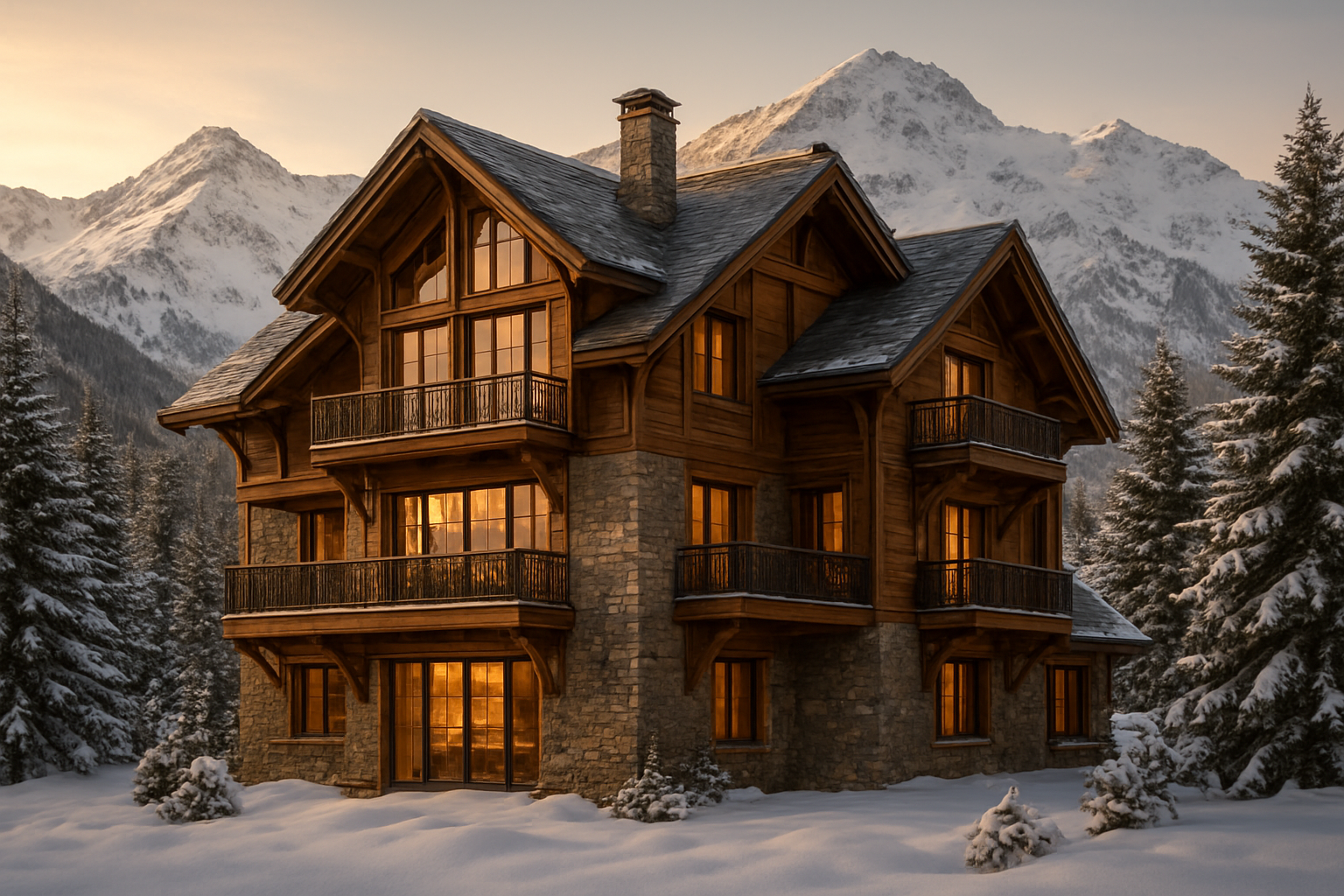Create a realistic image of a stunning luxury mountain chalet in Baqueira Beret showcasing sophisticated alpine architecture, featuring a multi-level wooden and stone structure with large panoramic windows, elegant balconies with ornate railings, steep pitched roofs with natural slate tiles, warm timber facades combined with natural stone walls, set against snow-capped Pyrenees mountains in the background, surrounded by pristine snow-covered pine trees, captured during golden hour lighting that highlights the architectural details and creates a warm glow from the interior windows, conveying an atmosphere of refined mountain elegance and luxury living. Absolutely NO text should be in the scene.