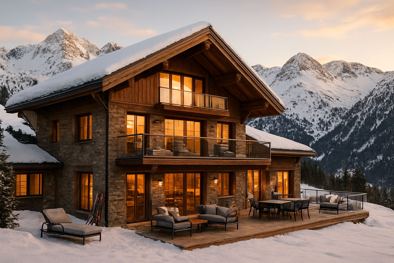Create a realistic image of an elegant mountain chalet or luxury ski lodge in Baqueira Beret with stunning Pyrenees mountain peaks in the background, showing a beautifully appointed wooden and stone building with warm glowing windows, snow-covered surroundings, and a sophisticated architectural design that suggests shared luxury ownership, with premium outdoor furniture on terraces and high-end ski equipment visible, captured during golden hour lighting with a welcoming and exclusive atmosphere that conveys smart investment and refined mountain lifestyle, absolutely NO text should be in the scene.