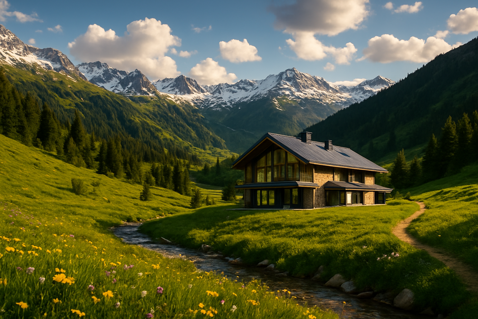 Create a realistic image of a stunning alpine valley scene in Baqueira Beret showing a luxurious mountain chalet with modern architecture nestled among snow-capped peaks, surrounded by lush green meadows with wildflowers in the foreground transitioning to snow-covered slopes in the background, featuring hiking trails, ski slopes visible on distant mountains, crystal clear mountain streams, and pristine pine forests under bright sunny skies with dramatic clouds, capturing the essence of year-round mountain living with both summer and winter elements visible in different areas of the landscape, shot during golden hour lighting that highlights the natural beauty and luxury of alpine lifestyle, absolutely NO text should be in the scene.