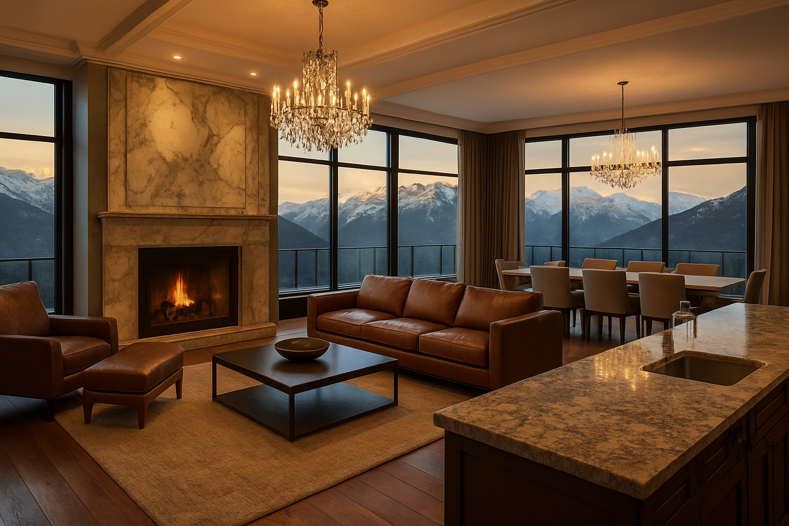 Create a realistic image of an elegant mountain resort interior showcasing multiple luxurious living spaces including a spacious open-plan penthouse with floor-to-ceiling windows revealing snow-capped Pyrenees mountains, featuring premium furniture with leather sofas, a marble fireplace, hardwood floors, crystal chandeliers, a gourmet kitchen with granite countertops, and a dining area with mountain views, captured during golden hour with warm ambient lighting highlighting the sophisticated alpine luxury design elements. Absolutely NO text should be in the scene.
