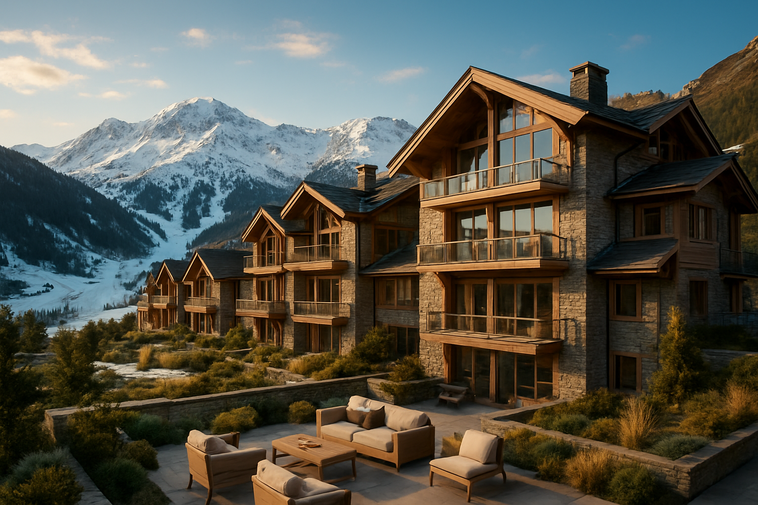 Create a realistic image of a luxurious alpine resort setting in Baqueira Beret with elegant mountain architecture featuring stone and wood construction, premium ski chalets with large windows and modern balconies nestled against snow-capped Pyrenees mountains, perfectly groomed ski slopes visible in the background, warm golden hour lighting casting a sophisticated glow across the scene, upscale outdoor furniture on terraces, manicured landscaping with alpine vegetation, clear blue sky with soft clouds, conveying an atmosphere of refined mountain luxury and year-round alpine lifestyle appeal, shot from an elevated perspective to showcase the premier location and architectural elegance, absolutely NO text should be in the scene.