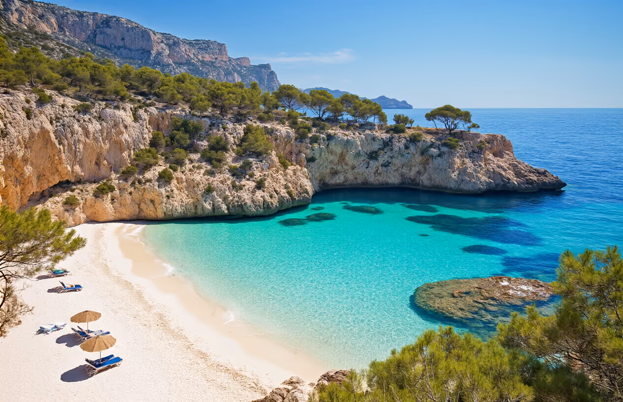 Create a realistic image of a stunning Mediterranean beach in Mallorca with crystal-clear turquoise water gently lapping against white sandy shores, featuring a secluded pristine cala (small cove) surrounded by dramatic limestone cliffs covered in Mediterranean vegetation, with calm azure waters perfect for swimming, a few scattered beach umbrellas and loungers on the sand, pine trees dotting the clifftops, bright sunny daylight creating beautiful reflections on the water surface, and the serene atmosphere of an idyllic Spanish island paradise, absolutely NO text should be in the scene.