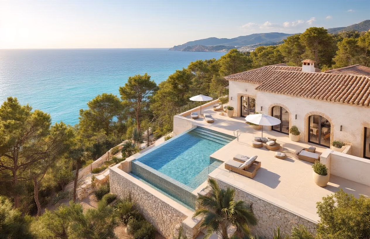 Create a realistic image of a luxurious Mediterranean villa with terracotta roof tiles and white stone walls overlooking the turquoise coastline of Mallorca, featuring multiple outdoor terraces and a pristine infinity pool, with elegant outdoor furniture and umbrellas suggesting shared living spaces, set against a backdrop of pine trees and the sparkling Mediterranean Sea under warm golden sunlight, conveying an upscale co-ownership property concept with panoramic ocean views and sophisticated architectural design, absolutely NO text should be in the scene.