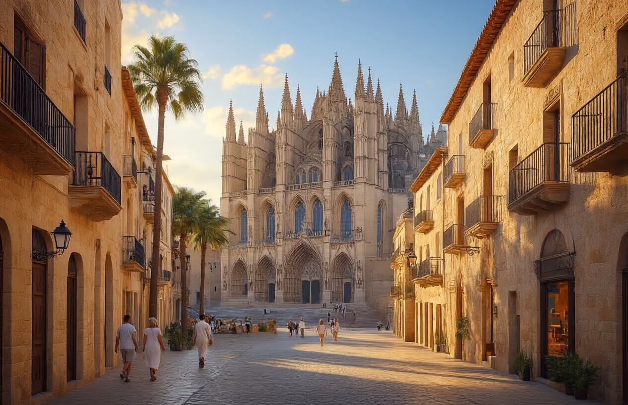Create a realistic image of Palma de Mallorca's historic city center showcasing the iconic Gothic cathedral La Seu with its impressive stone facade and flying buttresses, surrounded by narrow cobblestone streets lined with traditional Mallorcan architecture featuring honey-colored stone buildings, wrought iron balconies, and terracotta roof tiles, with a few white tourists walking leisurely through the charming pedestrian areas, palm trees dotting the urban landscape, captured during golden hour with warm Mediterranean sunlight casting long shadows across the ancient stones, creating an atmosphere that blends historic grandeur with modern urban life. Absolutely NO text should be in the scene.