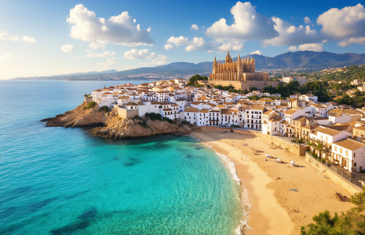 Create a realistic image of a stunning panoramic view of Mallorca showcasing the perfect blend of Mediterranean lifestyle elements: a picturesque coastal scene with turquoise crystal-clear waters and a pristine sandy beach in the foreground, traditional whitewashed Mediterranean village houses with terracotta roofs nestled on hillsides in the middle ground, and the historic cathedral of Palma de Mallorca visible in the distance, all bathed in warm golden hour sunlight with a few scattered puffy white clouds in a brilliant blue sky, capturing the essence of relaxation, culture, and natural beauty that defines the Mallorcan experience. Absolutely NO text should be in the scene.