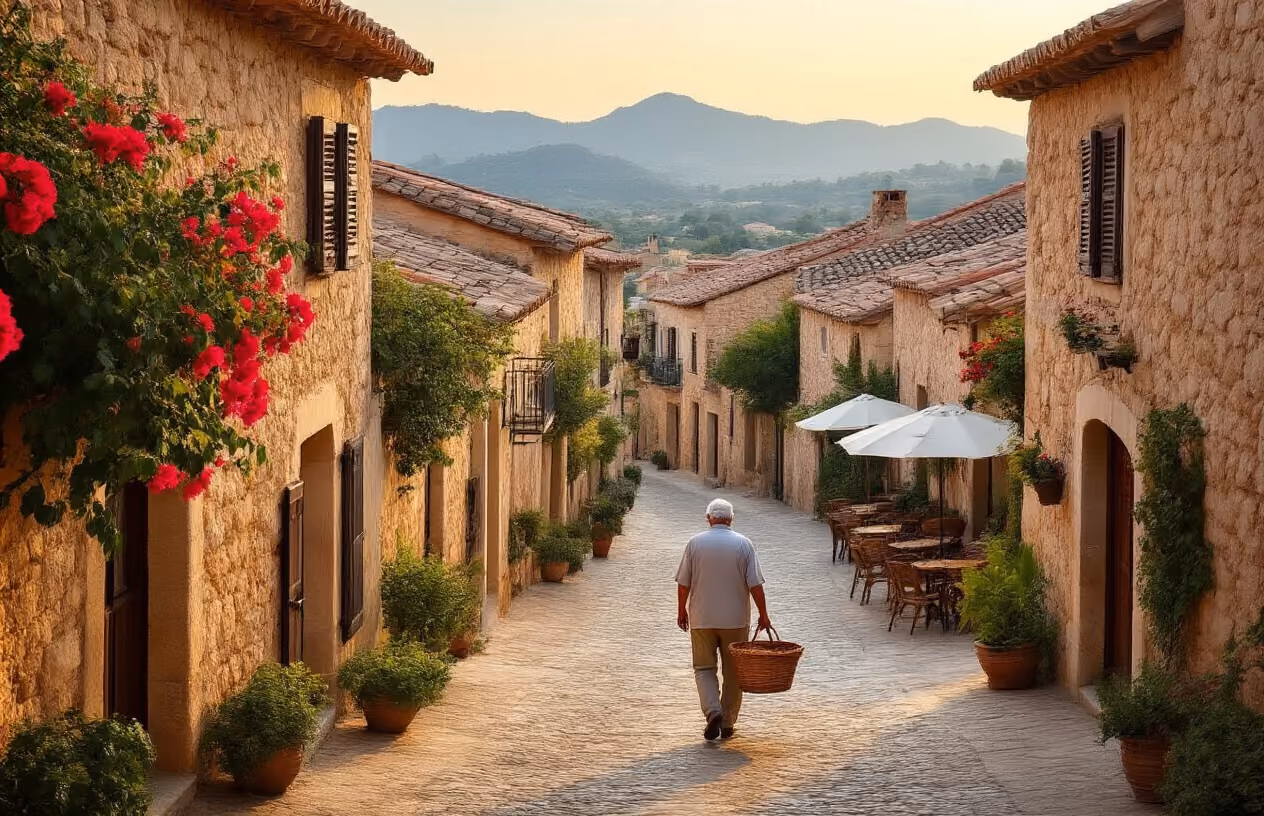 Create a realistic image of a charming traditional Mediterranean village in Mallorca with narrow cobblestone streets lined with honey-colored stone houses featuring terracotta roof tiles, wooden shutters, and small balconies adorned with colorful flowers, an elderly white male local resident in casual clothing walking along the peaceful street carrying a wicker basket, rustic doorways with climbing bougainvillea, a small central plaza visible in the background with outdoor café tables under umbrellas, warm golden hour lighting casting soft shadows on the ancient stone walls, potted plants and herbs scattered along the walkways creating an authentic lived-in atmosphere, distant Mediterranean hills visible beyond the village rooftops, absolutely NO text should be in the scene.