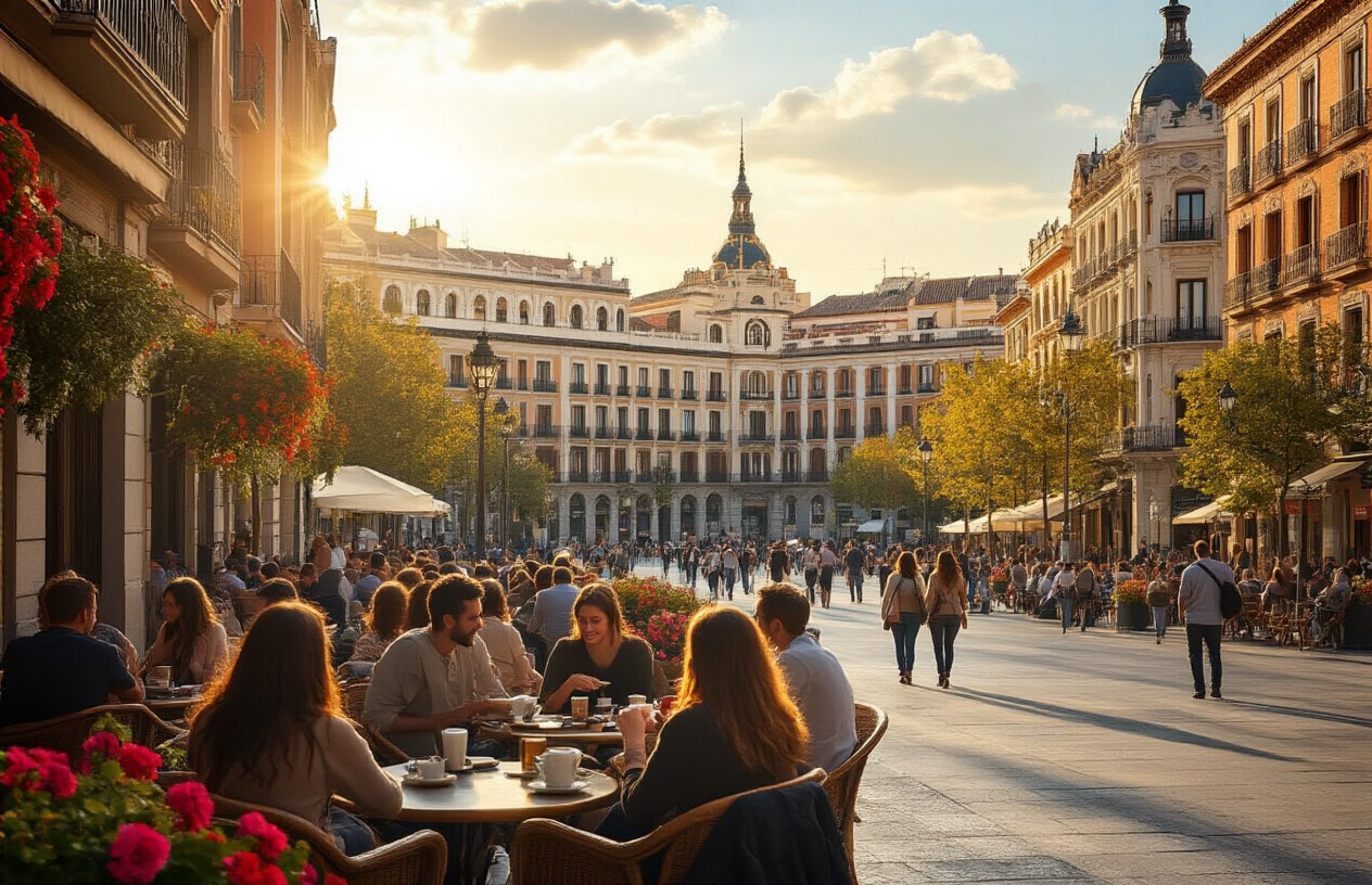 Create a realistic image of a diverse group of people including white and black males and females enjoying outdoor activities in a beautiful Madrid plaza, with elegant Spanish architecture featuring ornate balconies and terracotta rooftops in the background, people sitting at sidewalk cafes sipping coffee, others strolling leisurely through tree-lined streets, warm golden hour lighting casting long shadows, vibrant flowers in window boxes, a relaxed and sophisticated urban atmosphere showcasing the high quality lifestyle of living in Madrid, absolutely NO text should be in the scene.