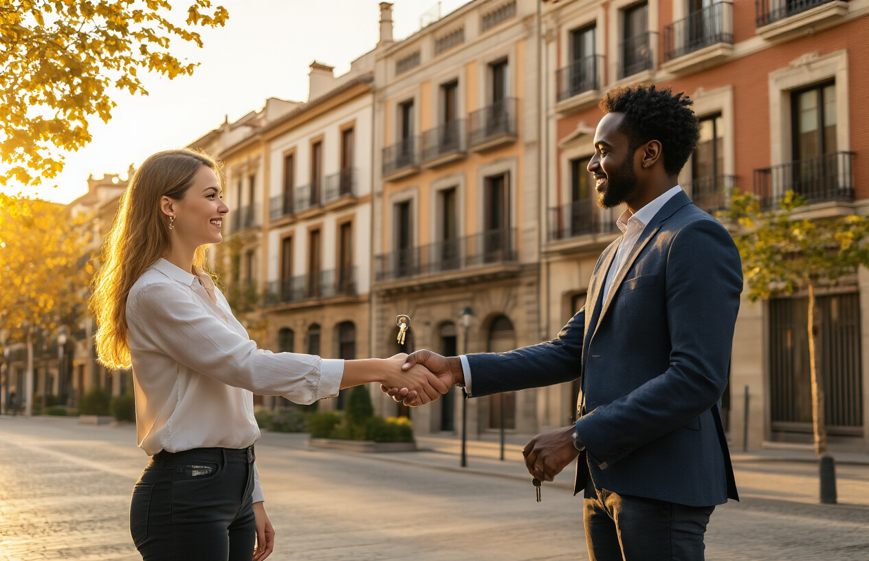 Create a realistic image of two diverse professional people, one white female and one black male, shaking hands in front of a beautiful modern Spanish apartment building in Madrid with traditional balconies and contemporary architectural elements, both holding house keys together symbolizing shared ownership, with warm golden hour lighting creating an optimistic and collaborative atmosphere, featuring typical Madrid urban landscape with tree-lined streets in the background, absolutely NO text should be in the scene.