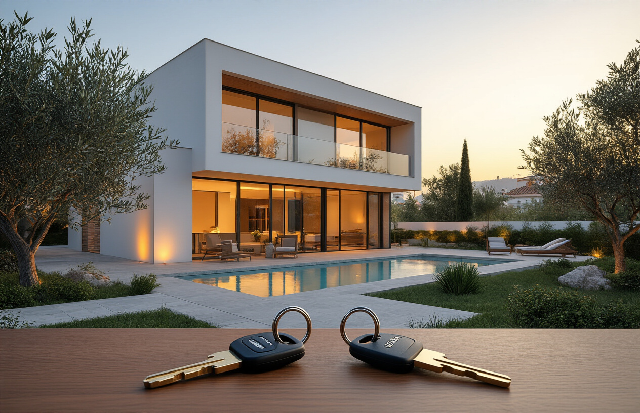 Create a realistic image of a modern Spanish villa with contemporary architecture in Madrid featuring clean lines and large glass windows, with two sets of keys prominently displayed in the foreground on a wooden table suggesting shared ownership, warm golden hour lighting casting soft shadows across the scene, lush Mediterranean landscaping with olive trees and Spanish tile roofing visible in the background, conveying a sense of successful property investment and modern living solutions, absolutely NO text should be in the scene.