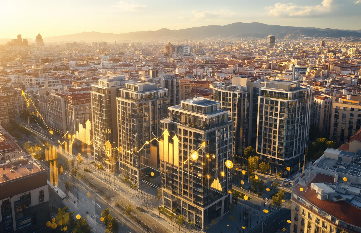 Create a realistic image of a modern real estate investment scene showing luxury apartment buildings and commercial properties in Madrid's skyline with glass facades reflecting sunlight, financial growth charts and upward trending arrows floating translucently in the foreground, golden coins and euro currency symbols subtly integrated into the architectural elements, warm golden hour lighting creating an optimistic and prosperous atmosphere, shot from an elevated perspective overlooking the urban landscape with mountains visible in the background, absolutely NO text should be in the scene.