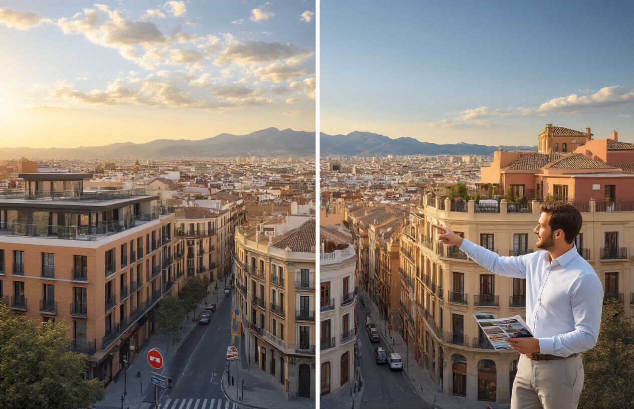Create a realistic image of a split-screen composition showing different Madrid neighborhoods and property types, featuring modern apartment buildings with glass balconies on the left side, traditional Spanish townhouses with terracotta roofs in the center, and luxury penthouses with rooftop terraces on the right side, set against Madrid's distinctive urban skyline with mountains in the background, captured during golden hour with warm Mediterranean lighting, includes a white male real estate professional in business attire pointing toward the properties while holding property brochures, street signs indicating different Madrid districts visible, typical Spanish architecture details like wrought iron balconies and stone facades, clear blue sky with soft clouds, urban trees lining the streets, absolutely NO text should be in the scene.