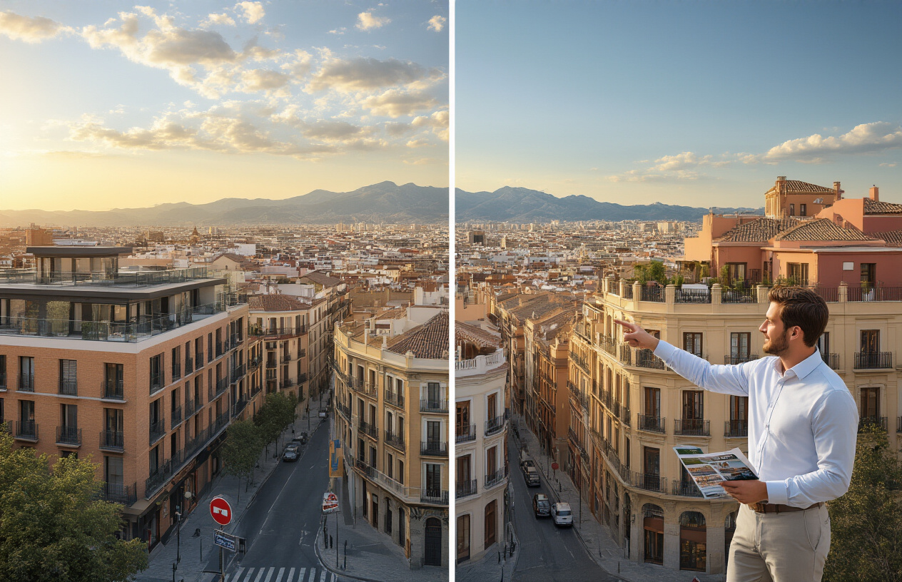 Create a realistic image of a split-screen composition showing different Madrid neighborhoods and property types, featuring modern apartment buildings with glass balconies on the left side, traditional Spanish townhouses with terracotta roofs in the center, and luxury penthouses with rooftop terraces on the right side, set against Madrid's distinctive urban skyline with mountains in the background, captured during golden hour with warm Mediterranean lighting, includes a white male real estate professional in business attire pointing toward the properties while holding property brochures, street signs indicating different Madrid districts visible, typical Spanish architecture details like wrought iron balconies and stone facades, clear blue sky with soft clouds, urban trees lining the streets, absolutely NO text should be in the scene.