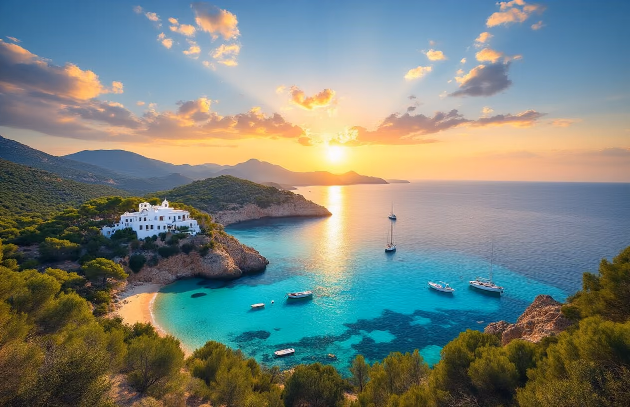 Create a realistic image of a stunning panoramic view of Ibiza island showcasing diverse experiences in one frame: crystal clear turquoise Mediterranean waters with hidden coves and beaches in the foreground, lush green hills and natural landscapes in the middle ground, and a beautiful sunset sky with warm golden and orange hues in the background, featuring a white Mediterranean villa with traditional architecture nestled among pine trees, small boats anchored in pristine bays, rocky cliffs and natural formations, creating a serene and inspiring atmosphere that captures the authentic beauty and alternative charm of Ibiza beyond the party scene, shot from an elevated viewpoint with soft natural lighting and peaceful mood, absolutely NO text should be in the scene.