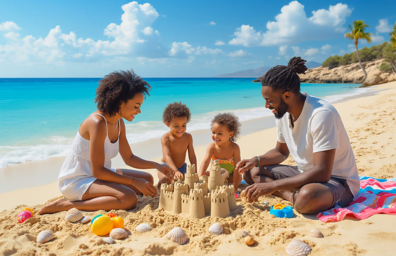 Create a realistic image of a diverse family with white and black parents and mixed-race children enjoying a beach day in Ibiza, building sandcastles together on golden sand with crystal clear turquoise Mediterranean waters in the background, surrounded by gentle waves and scattered seashells, under bright sunny skies with a few white clouds, palm trees swaying in the distance, creating a joyful and relaxed atmosphere perfect for family bonding, with beach toys and colorful towels nearby. Absolutely NO text should be in the scene.