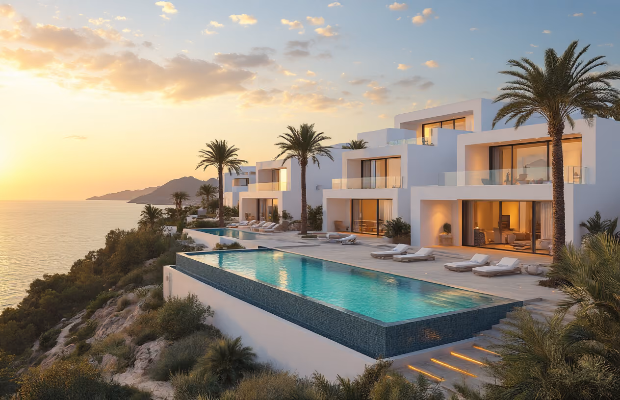 Create a realistic image of a luxurious Mediterranean villa in Ibiza with multiple white modern townhouses sharing a beautiful infinity pool overlooking the turquoise sea, featuring contemporary architecture with clean lines and large windows, surrounded by palm trees and Mediterranean landscaping, captured during golden hour with warm sunlight creating a sophisticated and exclusive atmosphere, showing the concept of shared luxury property ownership. Absolutely NO text should be in the scene.