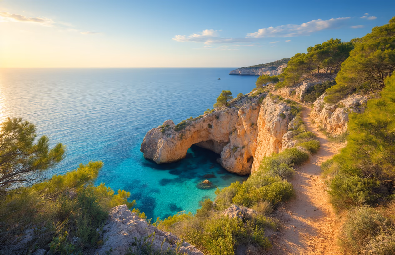 Create a realistic image of a dramatic coastal cliff scene in Ibiza with crystal clear turquoise water below, featuring hidden sea caves and rocky formations, lush Mediterranean vegetation including pine trees and wild herbs growing on the clifftops, a narrow hiking trail winding along the edge, golden hour lighting casting warm shadows across the rugged limestone rocks, pristine untouched nature with no development visible, calm azure sea stretching to the horizon, and small secluded coves tucked between the cliffs, absolutely NO text should be in the scene.