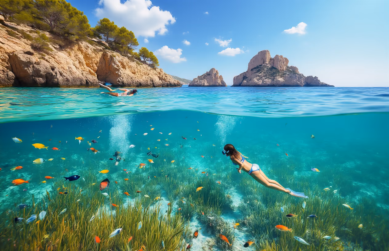Create a realistic image of crystal clear turquoise Mediterranean waters surrounding Ibiza with a person snorkeling underwater among colorful fish and sea grass, while above the surface another white female swimmer floats peacefully, with the iconic rocky coastline and pine-covered cliffs of Ibiza visible in the background under bright sunny skies, capturing the serene and adventurous water activities unique to the island, absolutely NO text should be in the scene.