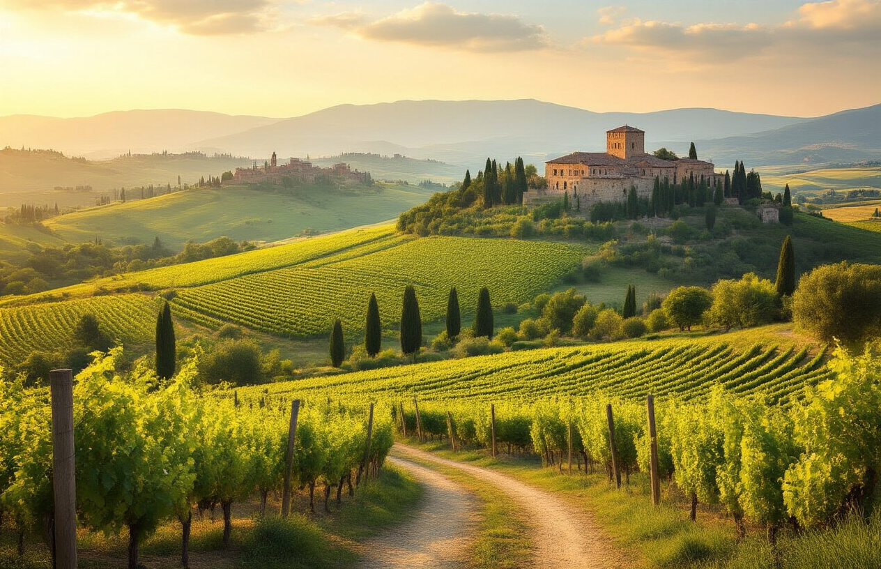 Create a realistic image of rolling green Tuscan hills dotted with ancient cypress trees and medieval stone villages in the distance, featuring terraced vineyards with neat rows of grapevines in the foreground, a historic Renaissance villa or castle perched on a hilltop, warm golden sunlight creating a peaceful late afternoon atmosphere with soft shadows across the landscape, and perhaps a winding gravel path leading through the vineyard towards the cultural monuments, capturing both the wine country essence and rich cultural heritage of Tuscany in a serene vacation setting. Absolutely NO text should be in the scene.