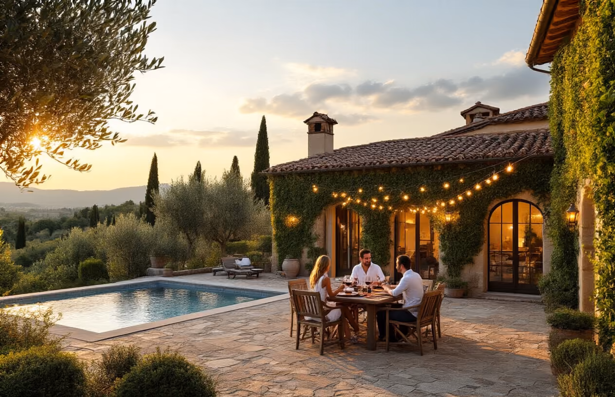 Create a realistic image of an elegant Italian villa with terracotta roof tiles and ivy-covered walls, featuring a beautiful courtyard with outdoor dining area and swimming pool, where two white couples (one male and one female in each couple) are relaxing and socializing together, sharing wine and conversation at a rustic wooden table under string lights, with the golden hour sunlight casting warm shadows across the stone terrace, surrounded by olive trees and cypress trees in the background, conveying a sense of shared luxury and intimate community living, absolutely NO text should be in the scene.