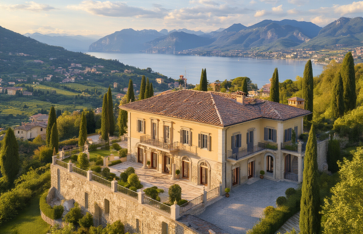 Create a realistic image of a luxurious Italian villa or apartment with stunning panoramic views of either the Tuscan countryside, Amalfi Coast cliffs, or Lake Como shoreline, featuring elegant architecture with terracotta roofs, stone facades, and beautiful balconies, surrounded by cypress trees and Mediterranean vegetation, with golden hour lighting creating warm shadows and highlighting the property's investment potential and timeless appeal, shot from an elevated perspective that showcases both the property and the breathtaking Italian landscape beyond, absolutely NO text should be in the scene.