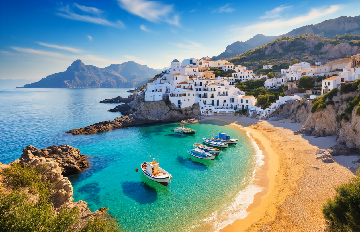 Create a realistic image of a stunning Southern Italian coastal paradise featuring dramatic clifftops with whitewashed Mediterranean buildings cascading down to crystal-clear turquoise waters, pristine beaches with soft golden sand, traditional fishing boats moored in a small harbor, lush green vegetation dotting the rocky coastline, warm golden hour lighting casting a magical glow over the entire scene, gentle waves lapping against the shore, and distant mountains visible on the horizon under a clear blue sky with wispy white clouds, absolutely NO text should be in the scene.