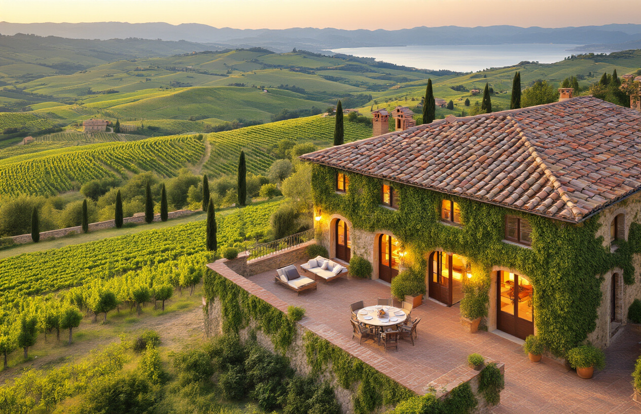 Create a realistic image of a picturesque Italian villa with terracotta roof tiles and ivy-covered stone walls set against rolling Tuscan hills covered in vineyards, with the Mediterranean coastline visible in the distant background, featuring a welcoming terrace with outdoor furniture overlooking the scenic landscape, warm golden hour lighting casting a peaceful and inviting atmosphere, with cypress trees dotting the hillside and a sense of luxury and tranquility that embodies the perfect Italian vacation destination. Absolutely NO text should be in the scene.