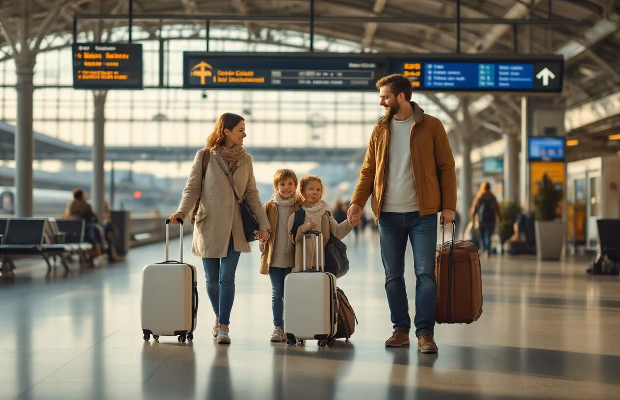 Create a realistic image of a white family of four (two adults and two children) at an Italian train station or airport, with rolling suitcases, backpacks, and travel documents in hand, surrounded by practical travel elements like a digital information board showing Italian destinations, comfortable seating areas, and modern travel infrastructure, with warm natural lighting suggesting ease and organization in their journey, capturing the essence of well-planned family travel logistics in Italy. Absolutely NO text should be in the scene.