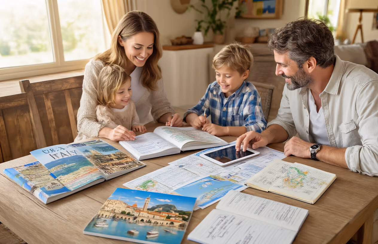 Create a realistic image of a white family of four (mother, father, and two children) sitting around a wooden table covered with travel planning materials including an open Italy guidebook, colorful brochures of Italian landmarks, a tablet displaying a map of Italy, printed itineraries, and a notebook with handwritten notes, set in a cozy living room with warm natural lighting from a nearby window, creating an organized and enthusiastic vacation planning atmosphere, absolutely NO text should be in the scene.