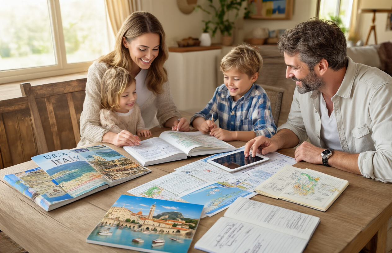 Create a realistic image of a white family of four (mother, father, and two children) sitting around a wooden table covered with travel planning materials including an open Italy guidebook, colorful brochures of Italian landmarks, a tablet displaying a map of Italy, printed itineraries, and a notebook with handwritten notes, set in a cozy living room with warm natural lighting from a nearby window, creating an organized and enthusiastic vacation planning atmosphere, absolutely NO text should be in the scene.