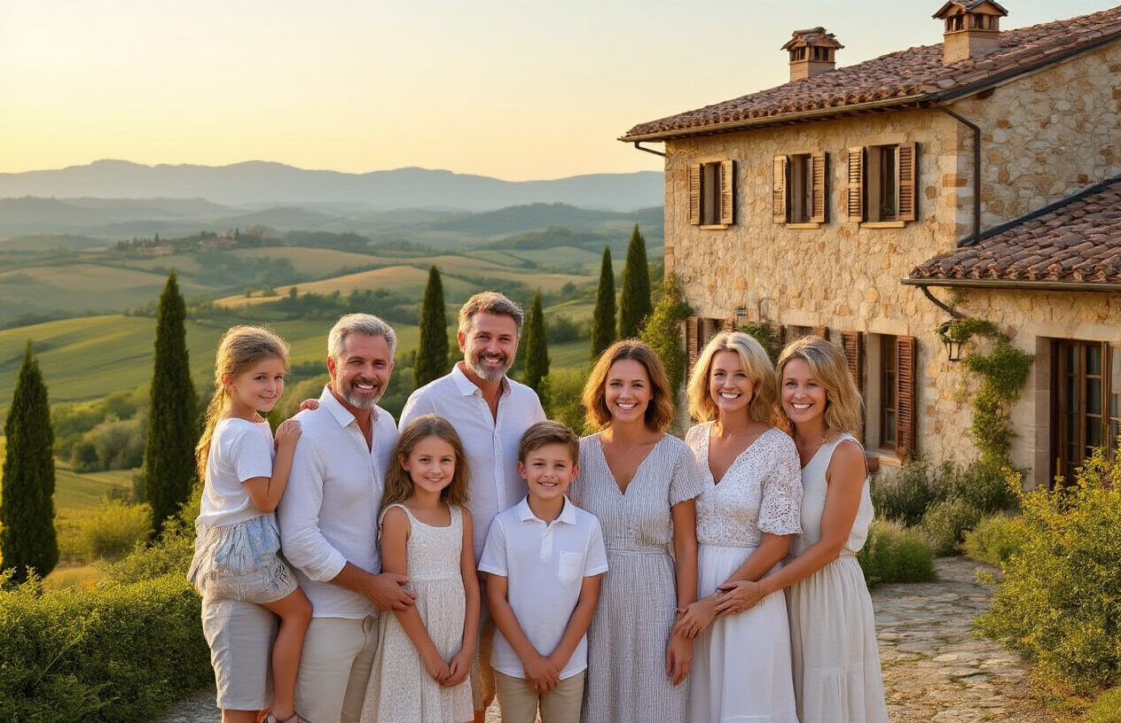 Create a realistic image of multiple white families standing together in front of a beautiful Italian villa with terracotta roof tiles and stone facade, showing adults and children of various ages smiling and interacting warmly, with rolling Tuscan hills and cypress trees in the background, golden hour lighting creating a welcoming atmosphere that conveys shared ownership and community, the villa featuring traditional Italian architecture with wooden shutters and a charming garden, absolutely NO text should be in the scene.