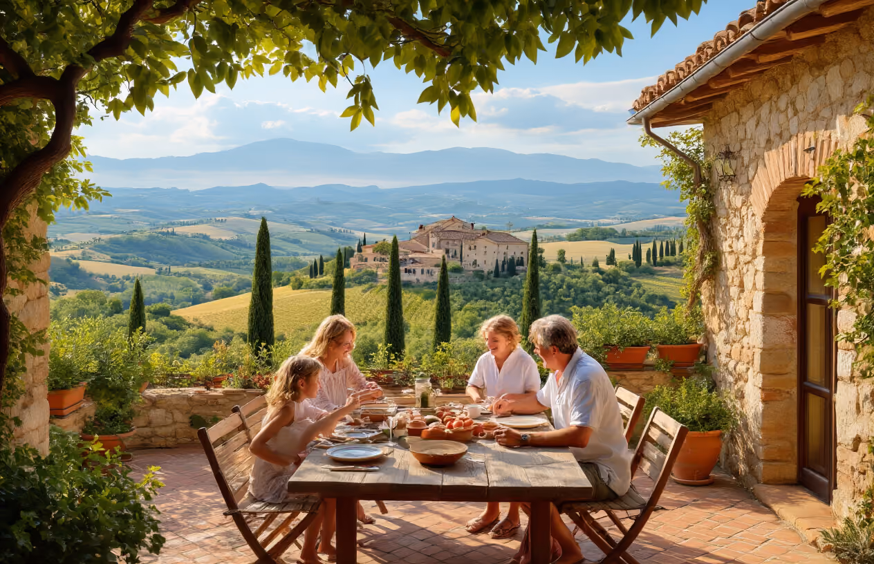 Create a realistic image of a picturesque Italian villa with terracotta roof tiles and stone walls, featuring a multi-generational white family of four (two adults and two children) relaxing together on a sun-drenched terrace overlooking rolling Tuscan hills dotted with cypress trees, with the family enjoying a leisurely outdoor meal at a rustic wooden table set with Italian ceramics, surrounded by potted olive trees and climbing bougainvillea, captured during golden hour lighting that creates a warm, inviting atmosphere of comfort and togetherness, with the Mediterranean landscape stretching into the distance under a clear blue sky. Absolutely NO text should be in the scene.