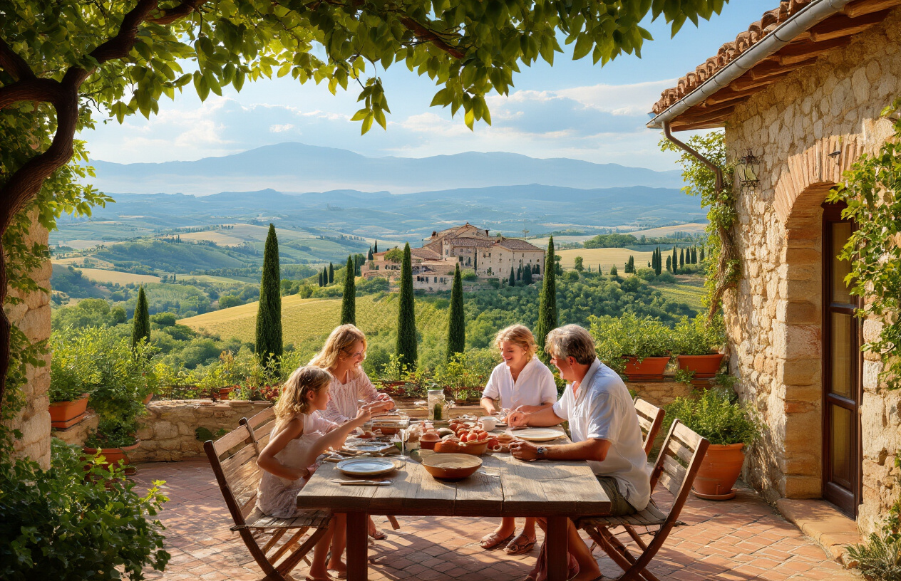 Create a realistic image of a picturesque Italian villa with terracotta roof tiles and stone walls, featuring a multi-generational white family of four (two adults and two children) relaxing together on a sun-drenched terrace overlooking rolling Tuscan hills dotted with cypress trees, with the family enjoying a leisurely outdoor meal at a rustic wooden table set with Italian ceramics, surrounded by potted olive trees and climbing bougainvillea, captured during golden hour lighting that creates a warm, inviting atmosphere of comfort and togetherness, with the Mediterranean landscape stretching into the distance under a clear blue sky. Absolutely NO text should be in the scene.