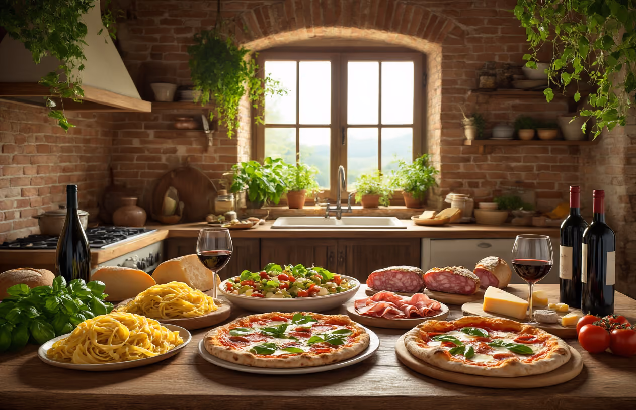 Create a realistic image of a rustic Italian kitchen scene with a wooden dining table filled with traditional Italian dishes including fresh pasta, pizza margherita, antipasto platters with cured meats and cheeses, wine bottles, and fresh basil leaves, set against a warm Tuscan-style kitchen background with exposed brick walls, hanging herbs, and soft natural lighting streaming through a window, capturing the essence of authentic Italian culinary culture and food excellence, absolutely NO text should be in the scene.