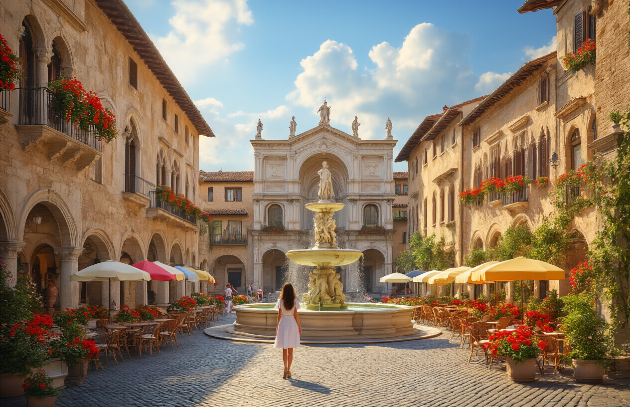 Create a realistic image of a picturesque Italian piazza with Renaissance architecture featuring ornate stone facades, arched doorways, and terracotta rooftops, where a white female tourist in elegant casual attire stands admiring a magnificent baroque fountain with sculpted figures, surrounded by vibrant outdoor café tables with colorful umbrellas, blooming flower boxes with red geraniums, warm golden afternoon sunlight casting soft shadows across ancient cobblestones, creating an atmosphere of timeless beauty and cultural richness that embodies the essence of Italian lifestyle and heritage. Absolutely NO text should be in the scene.
