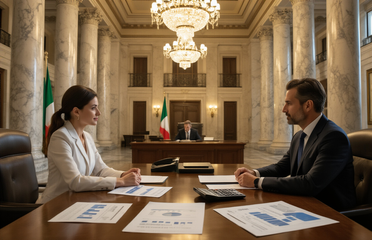 Create a realistic image of a modern Italian bank interior with marble columns and elegant architecture, featuring a professional white male banker in a dark suit sitting across from a white female client at a polished wooden desk, with mortgage documents, financial charts, and a calculator spread on the desk, warm ambient lighting from chandeliers creating a trustworthy atmosphere, Italian flag subtly visible in the background, absolutely NO text should be in the scene.