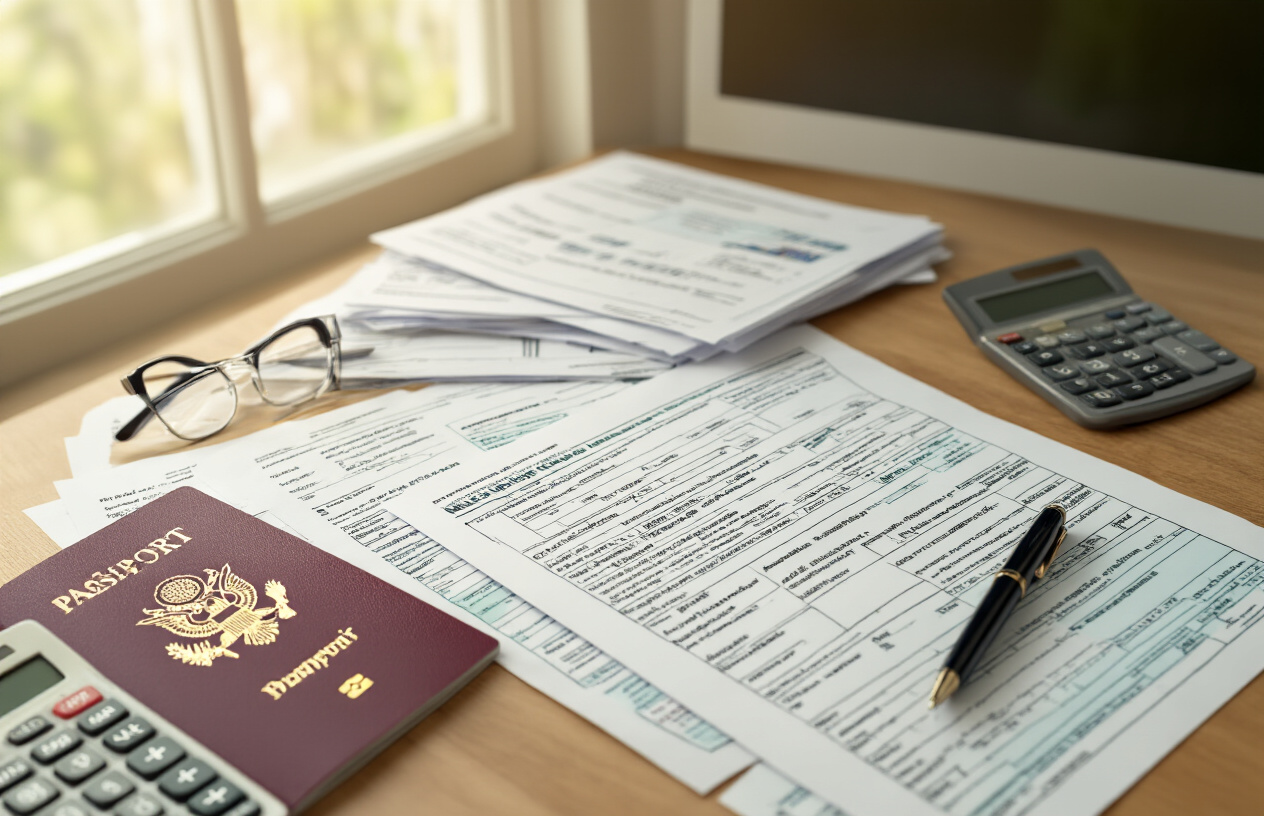 Create a realistic image of a clean, organized desk scene showing tax documents and forms from both the United States and Italy spread across a wooden surface, with an American passport and Italian property documents visible, a calculator, a pen, and reading glasses placed nearby, soft natural lighting from a window creating a professional atmosphere, absolutely NO text should be in the scene.